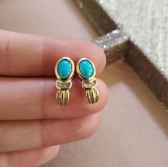 Vintage 10k Gold Diamond Turquoise Earrings - Picture 2 of 9
